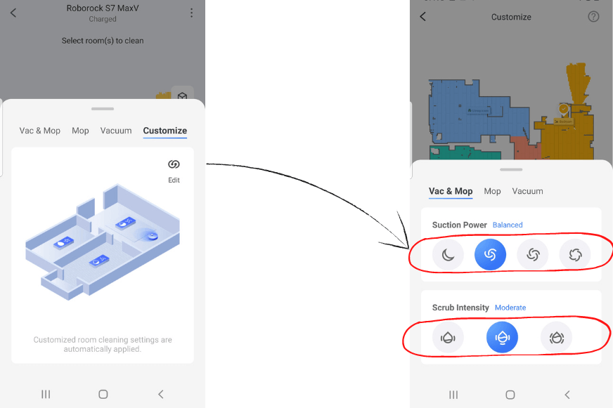 Мощность всасывания или количество подаваемой воды устанавливается индивидуально для каждого помещения в приложении Roborock.